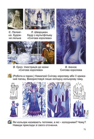 71
	 (Робота в парах.) Намалюй Снігову королеву або її крижа-
ний палац. Використовуй лише холодну кольорову гаму.
	 Які кольори називають теплими, а які – холодними? Чому?
Наведи приклади зі свого оточення.
Є. Пелеві-
на. Худож-
ня лялька
Л. Шварцман.
Кадр з мультфільму
«Снігова королева»
В. Єрко. Ілюстрація до казки
«Снігова королева»
В. Іванов.
Снігова королева
 