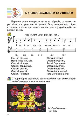 72
3. У СВІТІ РЕАЛЬНОГО ТА УЯВНОГО
Народна уява створила чимало образів, у яких пе­
реплітається реальне та уявне. Ось, наприклад, образ
страшного діда, про якого співається в українській на­
родній пісні.
Пісня-гра «Іде, іде дід, дід»
Створи образ страшного діда засобами пантоміми. Порів-
няй образ діда в пісні та на картині.
Іде, іде дід, дід.
Несе, несе міх, міх.
Отакий дідище,
Отакий страшище.
Отакий окатий,
Отакий ухатий.
Отакий носатий,
Отакий усатий.
Отакий зубатий,
Такий бородатий.
Отакий рукатий,
Отакий ногатий.
Отакий плечистий.
Геть його к нечистій!
М. Приймаченко.
Три діди
 