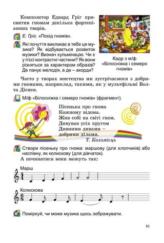 81
Композитор Едвард Гріг при­
святив гномам декілька фортепі­
анних творів.
	 Е. Гріг. «Похід гномів».   
Які почуття викликає в тебе ця му-
зика? Як відбувається розвиток
музики? Визнач кульмінацію. Чи є
у п’єсі контраст­ні частини? Як вони
різняться за характером образів?
Де панує мелодія, а де – акорди?
Часто у творах мистецтва ми зустрічаємося з добри­
ми гномами, наприклад, такими, як у мультфільмі Вол­
та Діснея.
	 М/ф «Білосніжка і семеро гномів» (фрагмент).
Пісенька про гнома
Кожному відома.
Жив собі на світі гном.
Дивував усіх кругом
Дивними дивами –
добрими ділами.
			 Т. Коломієць
Створи пісеньку про гнома: маршову (для хлопчиків) або
наспівну, як колискову (для дівчаток).
А починатися вони можуть так:
	 Поміркуй, чи може музика щось зображувати.
Кадр з м/ф
«Білосніжка і семеро
гномів»
 