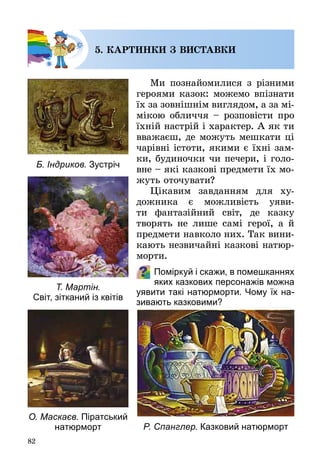 82
5. КАРТИНКИ З ВИСТАВКИ
Ми познайомилися з різними
героями казок: можемо впі­знати
їх за зовнішнім виглядом, а за мі­
мікою обличчя – розповісти про
їхній настрій і характер. А як ти
вважаєш, де можуть мешкати ці
чарівні істоти, якими є їхні зам­
ки, будиночки чи печери, і голо­
вне – які казкові предмети їх мо­
жуть оточувати?
Цікавим завданням для ху­
дожника є можливість уяви­
ти фантазійний світ, де казку
творять не лише самі герої, а й
предмети навколо них. Так вини­
кають незвичайні казкові натюр­
морти.
Поміркуй і скажи, в помешканнях
яких казкових персонажів можна
уявити такі натюрморти. Чому їх на-
зивають казковими?
Б. Індриков. Зустріч
Т. Мартін.
Світ, зітканий із квітів
О. Маскаєв. Піратський
натюрморт Р. Спанглер. Казковий натюрморт
 