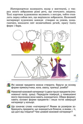 83
Натюрмортом називають жанр у мистецтві, у тво­
рах якого зображено різні речі, що оточують людину.
Такі картини художники малюють з натури, тобто став­
лять перед собою все, що вирішили зобразити. Казковий
натюрморт художник завжди створює за уявою, нама­
гаючись показати світ незвичайних речей, красу їхніх
форм і барв.
Які казкові предмети можна створити, беручи за основу
форми прямокутника, кола, овалу, трапеції, ромба?
	 Намалюй казковий натюрморт із двох-трьох предметів (то-
нований папір, гуаш). Передусім поміркуй, у помешканні
якого персонажа вони мають знаходитися. Обери формат,
наміть основні форми предметів і лише потім завершуй
натюрморт у кольорі.
	 Що означає слово «натюрморт»? Якими за розміром зо-
бражують предмети, що знаходяться ближче, а якими – ті,
що далі від глядача? Чим цікавий казковий натюрморт?
 