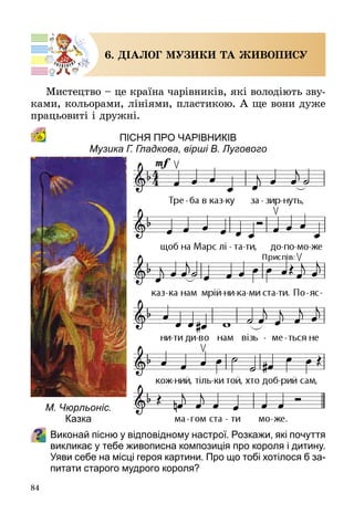 84
6. ДІАЛОГ МУЗИКИ ТА ЖИВОПИСУ
Мистецтво – це країна чарівників, які володіють зву­
ками, кольорами, лініями, пластикою. А ще вони дуже
працьовиті і дружні.
Пісня про чарівників 
Музика Г. Гладкова, вірші В. Лугового
Виконай пісню у відповідному настрої. Розкажи, які почуття
викликає у тебе живописна композиція про короля і дитину.
Уяви себе на місці героя картини. Про що тобі хотілося б за-
питати старого мудрого короля?
М. Чюрльоніс.
Казка
 