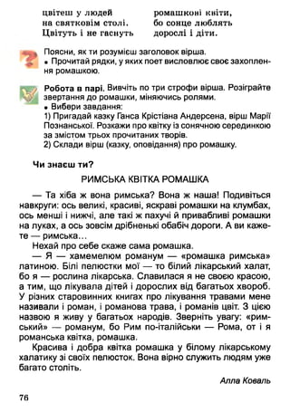 цвітеш у людей ромашкові квіти,
на святковім столі. бо сонце люблять
Цвітуть і не гаснуть дорослі і діти.
Поясни, як ти розумієш заголовок вірша.
• Прочитай рядки, у яких поет висловлює своє захоплен­
ня ромашкою.
Робота в парі. Вивчіть по три строфи вірша. Розіграйте
І звертання до ромашки, міняючись ролями.
• Вибери завдання:
1) Пригадай казку Ганса Крістіана Андерсена, вірш Марії
Познанської. Розкажи про квітку із сонячною серединкою
за змістом трьох прочитаних творів.
2) Склади вірш (казку, оповідання) про ромашку.
Чи знаєш ти?
РИМСЬКА КВІТКА РОМАШКА
— Та хіба ж вона римська? Вона ж наша! Подивіться
навкруги: ось великі, красиві, яскраві ромашки на клумбах,
ось менші і нижчі, але такі ж пахучі й привабливі ромашки
на луках, а ось зовсім дрібненькі обабіч дороги. А ви каже­
те — римська...
Нехай про себе скаже сама ромашка.
— Я — хамемелюм романум — «ромашка римська»
латиною. Білі пелюстки мої — то білий лікарський халат,
бо я — рослина лікарська. Славилася я не своєю красою,
а тим, що лікувала дітей і дорослих від багатьох хвороб.
У різних старовинних книгах про лікування травами мене
називали і роман, і романова трава, і романів цвіт. З цією
назвою я живу у багатьох народів. Зверніть увагу: «рим­
ський» — романум, бо Рим по-італійськи — Рома, от і я
романська квітка, ромашка.
Красива і добра квітка ромашка у білому лікарському
халатику зі своїх пелюсток. Вона вірно служить людям уже
багато століть.
Алла Коваль
76
 