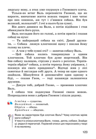 123
людську мову, а птах уже спурхнув з Гномового плеча.
Тільки-но встиг Валь переповісти Гномові, що як
виросте, вивчатиме життя всяких тварин і вже читає
про них книжки, аж тут і з’явився собака. Він був
великий, волохатий*. І очі в нього були сумні.
Він довго дивився на Валя, а потім підійшов і став
обнюхувати його руки.
Валь погладив його по голові, а потім присів і сказав
собаці на вухо:
— Ти найкращий собака на світі. Давай дружи-
ти. — Собака лизнув хлопчикові щоку і поклав йому
голову на плече.
— А чом у тебе сумні очі? — запитав собаку Валь.
—  Цей собака колись товаришував з одним
хлопчиком. Той хлопчик був дуже жорстокий. Він
бив собаку палицею, стріляв у нього з рогатки. Терпів-
терпів образи* собака, а потім терпець йому увірвався, і
покинув він свого кривдника*. Відтоді жив у лісі
самотньо й виглядав собі друга. А тепер ви одне одного
знайшли. Шануйтеся й допомагайте один одному в
біді, — сказав Гном, — тоді назавжди залишитеся
друзями.
— Дякую тобі, добрий Гноме, — промовив хлопчик
Валь.
І собака теж подякував Гномові своєю мовою.
Попрощалися вони з добрим Гномом і пішли додому.
Іс т от а — существо.
В олоха тий — лохматый.
О бра зи — обиды.
Кри вдн и к — обидчик.
Яким за характером був хлопчик Валь? Чому хлопчик мріяв
мати собаку?
У тексті є описи хлопчика Валя, гнома, дятла, собаки. Знайди
ці рядки й перечитай. Порівняй описи цих персонажів у творі
й на малюнку.
 