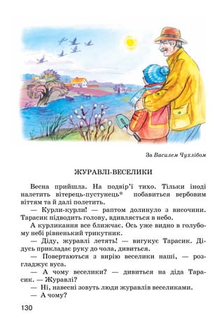 130
За Василем Чухлібом
ЖУРАВЛІ-ВЕСЕЛИКИ
Весна прийшла. На подвір’ї тихо. Тільки іноді
налетить вітерець-пустунець* побавиться вербовим
віттям та й далі полетить.
— Курли-курли! — раптом долинуло з височини.
Тарасик підводить голову, вдивляється в небо.
А курликання все ближчає. Ось уже видно в голубо-
му небі рівненький трикутник.
— Діду, журавлі летять! — вигукує Тарасик. Ді-
дусь прикладає руку до чола, дивиться.
—	 Повертаються з вирію веселики наші, — роз-
гладжує вуса.
—	 А чому веселики? — дивиться на діда Тара-
сик. — Журавлі?
— Ні, навесні зовуть люди журавлів веселиками.
— А чому?
 