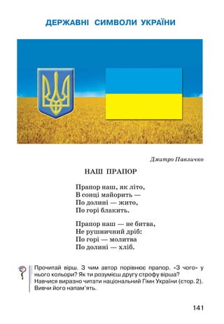 141
ДЕРЖАВНІ СИМВОЛИ УКРАЇНИ
Дмитро Павличко
НАШ ПРАПОР
Прапор наш, як літо,
В сонці майорить —
По долині — жито,
По горі блакить.
Прапор наш — не битва,
Не рушничний дріб:
По горі — молитва
По долині — хліб.
Прочитай вірш. З чим автор порівнює прапор. «З чого» у
нього кольори? Як ти розумієш другу строфу вірша?
Навчися виразно читати національний Гімн України (стор. 2).
Вивчи його напам’ять.
 