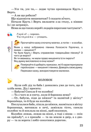 23
—	Усе ти, усе ти,— ледве чутно пропищали Круть і
Верть.
—	А ви що робили?
Що відповісти мишенятам? І сказати нічого.
Почали Круть і Верть вилазити з-за столу, а півник
їх і не затримує.
Немазащотакихнеробіледарівпирогамичастувати*.
Гаразд  — хорошо.
Час т у вати  — угощать.
Прочитайте казку спочатку мовчки, а потім — в особах.
Яким у казці зображено півника Голосисте Горлечко, а
якими — мише­нят?
Чи були Круть і Верть справжніми товаришами півни­ку? З
чого це видно?
Як ти вважаєш, чи мали право мишенята їсти пироги?
Яку думку висловлено в кінці казки?
Поміркуйте й доберіть приказки, які б характеризували
героїв казки — мишенят і півника. Доведіть свою думку.
Перекажи казку, використовуючи малюнки.
КОЛОБОК
Були собі дід та баба і дожились уже до того, що й
хліба нема. Дід і просить:
—	Бабусю! Спекла б ти колобок!
—	Та з чого ж я спечу, коли й борошна нема?
—	От, бабусю, піди до хижки* та назмітай у засіку*
бо­рошенця, то й буде на колобок.
Послухалася баба, пішла до хижки, назмітала в засіку
борошенця, витопила в печі, замісила тісто, спекла
колобок та й поклала на вікні, щоб охолонув.
Колобок лежав, лежав на вікні, а тоді з вікна — скік
на призь­бу*, а з призьби — та на землю в двір, а з дво-
ру — та за воро­та і побіг-покотився дорогою.
 