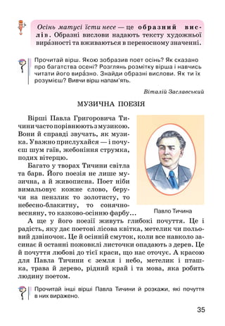 35
Осінь матусі їсти несе — це об разний вис-
л і в. Образні вислови надають тексту художньої
виразності та вживаються в переносному значенні.
Прочитай вірш. Якою зобразив поет осінь? Як сказано
про багатства осені? Розглянь розмітку вірша і навчись
читати його виразно. Знайди образні вислови. Як ти їх
розумієш? Вивчи вірш напам’ять.
Віталій Заславський
МУЗИЧНА ПОЕЗІЯ
Вірші Павла Григоровича Ти-
чиничастопорівнюютьзмузикою.
Вони й справді звучать, як музи-
ка. Уважно прислухайся — і почу-
єш шум гаїв, жебоніння струмка,
подих вітерцю.
Багато у творах Тичини світла
та барв. Його поезія не лише му-
зична, а й живописна. Поет ніби
вимальовує кожне слово, беру-
чи на пензлик то золотисту, то
небесно-блакитну, то сонячно-
весняну, то казково-осінню фарбу...
А ще у його поезії живуть глибокі почуття. Це і
радість, яку дає поетові лісова квітка, метелик чи польо-
вий дзвіночок. Це й осінній смуток, коли все навколо за-
синає й останні пожовклі листочки опадають з дерев. Це
й почуття любові до тієї краси, що нас оточує. А красою
для Павла Тичини є земля і небо, метелик і пташ-
ка, трава й дерево, рідний край і та мова, яка робить
людину поетом.
Прочитай інші вірші Павла Тичини й розкажи, які почуття
в них виражено.
Павло Тичина
 
