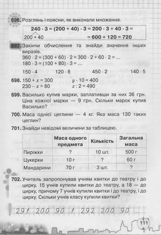 696. Розглянь і поясни, як виконали множення.
240 ■3 = (200 + 40) ■3 = 200 ■3 + 40 ■3 =
200 + 40 = 6 0 0 + 1 2 0 = 720
697. Закінчи обчислення та знайди значення інших
' виразів.
360 • 2 = (300 + 60) • 2 = 300 ■2 + 60 ■2 = ...
180 ■3 = ( 1 0 0 + 80) ■3 = ...
150-4 120-8 450-2 140-5
698.150+ * = 300 у ■10 = 400
230 - х = 80 2 : 2 = 490
699. Василько купив марки, заплативши за них 36 грн.
Ціна кожної марки — 9 грн. Скільки марок купив
Василько?
700. Маса однієї цеглини — 4 кг. Яка маса 130 таких
цеглин?
701. Знайди невідомі величини за таблицею.
Маса одного
предмета
Кількість
Загальна
маса
Пиріжки ? 1 0 шт. 500 г
Цукерки 1 0 г ? 60 г
Мандарини 70 г 3 шт. ?
702. Учитель запропонував учням квитки до театру і до
цирку. 15 учнів купили квитки до театру, а 18 — до
цирку, причому 7 учнів купили квитки і до театру, і до
цирку. Скільки учнів класу купили квитки?
 