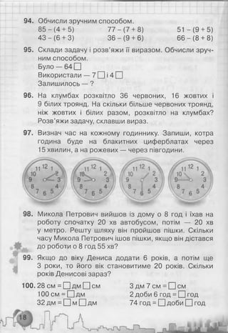 94. Обчисли зручним способом.
8 5 - ( 4 + 5) 7 7 - ( 7 + 8) 51 - ( 9 + 5)
4 3 -(6 + 3) 3 6 -(9 + 6) 6 6 -(8 + 8)
95. Склади задачу і розв’яжи її виразом. Обчисли зруч­
ним способом.
Було — 64 □
Використали — 7 □ і 4 П
Залишилось — ?
96. На клумбах розквітло 36 червоних, 16 жовтих і
9 білих троянд. На скільки більше червоних троянд,
ніж жовтих і білих разом, розквітло на клумбах?
Розв’яжи задачу, склавши вираз.
97. Визнач час на кожному годиннику. Запиши, котра
година буде на блакитних циферблатах через
15 хвилин, а на рожевих — через півгодини.
98. Микола Петрович вийшов із дому о 8 год і їхав на
роботу спочатку 20 хв автобусом, потім — 20 хв
у метро. Решту шляху він пройшов пішки. Скільки
часу Микола Петрович ішов пішки, якщо він дістався
до роботи о 8 год 55 хв?
99. Якщо до віку Дениса додати 6 років, а потім ще
З роки, то його вік становитиме 20 років. Скільки
років Денисові зараз?
100. 28 см = □ дм □ см З д м 7 с м = [ Ц с м
100см = О д м 2 доби 6 год = □ год
32дм = П м П д м 74 год = □ доби □ год
 