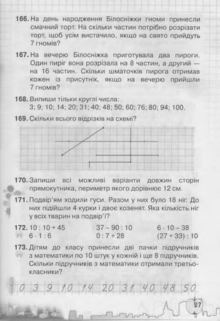 166. На день народження Білосніжки гноми принесли
смачний торт. На скільки частин потрібно розрізати
торт, щоб усім вистачило, якщо на свято прийдуть
7 гномів?
167. На вечерю Білосніжка приготувала два пироги.
Один пиріг вона розрізала на 8 частин, а другий —
на 16 частин. Скільки шматочків пирога отримав
кожен із присутніх, якщо на вечерю прийшли
7 гномів?
168. Випиши тільки круглі числа:
3:9; 10; 14; 20; 31; 40; 48; 50; 60; 76; 80; 94; 100.
169. Скільки всього відрізків на схемі?
І
170. Запиши всі можливі варіанти довжин сторін
прямокутника, периметр якого дорівнює 12 см.
171. Подвір’ям ходили гуси. Разом у них було 18 ніг. До
них підійшли 4 курки і двоє козенят. Яка кількість ніг
у всіх тварин на подвір’ї?
172.10:10 + 45 3 7 - 9 0 : 1 0 6 - 1 0 - 3 8
# 6 - 1 : 6 0 : 7 + 28 (27 + 33): 10
173. Дітям до класу принесли дві пачки підручників
з математики по 10 штуку кожній і ще 8 підручників.
Скільки підручників з математики отримали третьо­
класники?
10 14
 