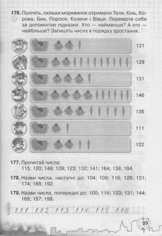 176. Полічіть, скільки морквинок отримали Теля, Кінь, Ко­
рова, Бик, Порося, Козеня і Вівця. Перевірте себе
за допомогою підказки. Хто — найменше? А хто —
найбільше? Запишіть числа в порядку зростання.
m m
л
Ж І
<м
%
-V  ї- > - Г
J k « ж І Ж ; і 4 і
Щ < і І 1 1 І 1 1 1 І 1 2 9
J k j l §
1 3 1
Шш %
t ^ 1 : І М І і
ш ж т Л Ш Ш . Jm W W *і Ш 1 J і Ь
Щ т ' ' Г ' Ф : ß £ § W K 1 і ї 1 і
1 1 ' 1
1 4 6
J
Ж
'.V '*■
ф _ f % 4 *
< w p - [Щ щ ь 1 м 1 | І
!
1 3 5
___________ )
щ т
У - ж
1 1 1
> ; Щ
і З р
Ж Я 4 І
. . # Ш
V V ? 1 2 2
177. Прочитай числа:
115; 120; 148; 128; 123; 132; 141; 164; 138; 184.
178. Назви числа, наступні до: 104; 109; 116; 128; 131;
174; 188; 192.
179. Назви числа, попередні до: 100; 114; 123; 131; 144;
168; 187; 198.
/ / / / / 2 / 13 1 14 1 15 116
 