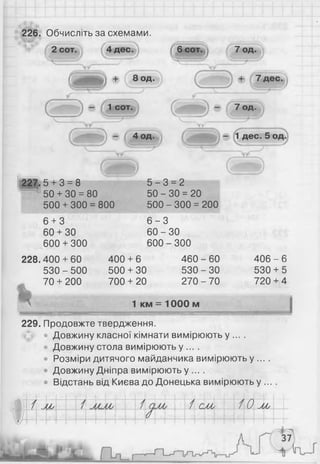 226. Обчисліть за схемами.
2 сот. 4 дес
(
7
+ 8 од.
1 сот.
- М о д .
6 сот. 7 од.
' І
т и г
л £
+ ( 7 дес.
7 од.
- 1 дес. 5 од.
(227*. 5 + 3 = 8
50 + ЗО= 80
500 + 300 = 800
6 + 3
60 + 30
600 + 300
5 - 3 = 2
50 - ЗО= 20
500 - 300 = 200
6 - 3
6 0 -3 0
600 - 300
228.400 + 60
530 - 500
70 + 200
ш
400 + 6
500 + ЗО
700 + 20
460 - 60
530 - ЗО
270 - 70
1 км = 1000 м
4 0 6 -6
530 + 5
720 + 4
229. Продовжте твердження.
ч'г • Довжину класної кімнати вимірюють у ... .
• Довжину стола вимірюють у ... .
• Розміри дитячого майданчика вимірюють у ... .
• Довжину Дніпра вимірюють у ... .
• Відстань від Києва до Донецька вимірюють у ... .
/Му / 1 1гм /0Му
__ 4
 