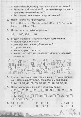 • На який майдан ведуть усі вулиці та проспекти?
• Які назви тобі вже відомі? Що ти можеш розповісти
про ці математичні назви?
• Які математичні назви ти ще не знаєш?
2. Назви числа, які пропущено:
21, ..., 32; 37..... 45; 48...... 56; 59, ..., 67; 70, ..., 83;
85, ...,91; 94..... 100.
3. Назви десятки, які пропущено:
10, ..., 100; 100..... 10.
4. Виділи із заданої множини чисел підмножини:
• одноцифрових чисел;
• двоцифрових чисел, більших за 31;
• круглих чисел;
• чисел другого десятка;
• чисел, що містять однакову кількість десятків і
одиниць.
2 44 /^2961. ^ 8 « 13 27 3 60
5В« 662П/ те 4 /^ЗЗіб С)/720
564 Ч іо3564О873^91і0
5! 67 77 о 12 §§ 73 16
5. Кожне з чисел спочатку збільши на 1, а потім зменши
на 1. Запиши результати обчислень у два рядки.
8, 14, 19, 37, 41, 50, 55, 63, 69, 70, 78, 86, 90, 99.
6. Назвіть пропущені числа в кожному рядку:
. 23;□ ; 25; 26;□ ; 28; □ ; □ ; 31; 32;□ ; 34; 35; □ ; 37;
38;□ ; □ ;
• 87; 86; □ ; 84; □ ; □ ; 81; □ ; 79; □ ; □ ; 76; 75; □ ;
□ ; 72; □ ; 70;
7. 38 + 1 - 39 11 - 0 -1 1 0 + 2 3- 1
9 + 1+0 16- 16+1 13- 1 - 1 2
 