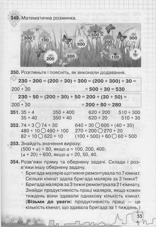 230 + 300 = (200 + ЗО) + 300 = (200 + 300) + ЗО =
2 0 0 + ЗО = 500 + ЗО = 530
230 + 50 = (200 + ЗО) + 50 = 200 + (ЗО + 50) =
= 200 + 80 = 2802 0 0 ^ 0
349. Математична розминка.
350. Розгляньте і поясніть, як виконали додавання.
351.35 + 4 350 + 400 620 + 200 510 + 300
35 + 40 350 + 40 620 + 20 510 + 30
352. 74 + З О 74 + ЗО 640 + ЗОО 600 + (40 + ЗО)
480 + 10О 480 + 1 0 0 270 + 2 0 0 О 270 + 2 0
82 + 1 0 О 820 + 1 0 ( 1 0 0 + 500) + 60 О 60 + 500
353. Знайдіть значення виразу:
(500 + а) + 80, якщо а = 100, 200, 400;
[а + 20) + 600, якщо а =20, 50, 40.
354. Розв’яжи пряму та обернену задачі. Склади і роз­
в’яжи іншу обернену задачу.
Бригада малярів щотижня ремонтувала по 7 кімнат.
Скільки кімнат здала бригада малярів за 3 тижні?
Бригада малярів за 3 тижні ремонтувала 21 кімнату.
Знайди продуктивність праці малярів, якщо кожен
тиждень вони здавали однакову кількість кімнат.
(Візьми до уваги: продуктивність праці — це
кількість кімнат, що здавала бригада за 1 тиждень.)
 