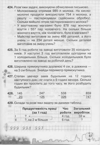 424. Розв’яжи задачі, виконуючи обчислення письмово.
Молокозавод отримав 985 л молока. На кисло­
молочні продукти використали 754 л молока, а
решту — пастеризували (здійснили обробку).
Скільки вийшло літрів пастеризованого молока?
У взуттєвому магазині було 878 пар жіночого
взуття і 557 пар чоловічого. На скільки більше
жіночого взуття, ніж чоловічого, було в магазині?
Майстер виготовив за зміну 486 деталей, а його
учень — на 234 деталі менше. Скільки деталей
виготовив за зміну учень?
425. За 5 год роботи на заводі виготовили 35 холодиль­
ників. У наступні 3 год виготовляли щогодини на
1 холодильник більше. Скільки холодильників було
виготовлено на заводі за робочий день?
426. Ширина прямокутника дорівнює 4 см, а довжина —
на 3 см більша. Знайди периметр прямокутника.
427. Степан увечері завів будильник на 12 годину
наступного дня і ліг спати о 9 годині вечора. Скільки
годин він проспить до того часу, як його розбудить
будильник?
428. 145 247 538 859
І “ _23 " 125 326 747
429. Склади та розв’яжи задачу за даними таблиці.
Продуктивність праці
(за 1 год)
Час
роботи
Загальний
виробіток
1
“ ~ □ — і?, на 2 м більше —'
4 год 32 м
II 6 год ?
999 998 997
 