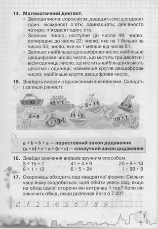 14. Математичний диктант.
Запиши числа: сорок вісім; двадцять сім; шістдесят
один; вісімдесят п’ять; одинадцять; дев’яносто
чотири; п’ятдесят один; сто.
• Запиши: число, наступне до числа 49; число,
попереднє до числа 22; число, яке на 1 більше за
число 53; число, яке на 1 менше від числа 81.
Запиши: найбільшеодноцифровечисло; найбільше
двоцифрове число; число, що містить три десятки і
вісімодиниць; число, щоміститьнайбільшукількість
десятків і одиниць; найменше кругле двоцифрове
число; найбільше кругле двоцифрове число.
15. Знайдіть вирази з однаковими значеннями. Складіть
і запиши рівності.
1+ 43
2 + 8
а + Ь= Ъ+ а —переставний закон додавання
(а +Ь) + с =а + (Ь+ с) —сполучний закон додавання
16. Знайди значення виразів зручним способом.
3 + 15 + 7 41 +4 + 9 20 + 9 + 10
8 + 1 + 12 6 + 5 + 24 1+90 + 9
17. Охоронець обходить сад квадратної форми. Скільки
часу йому знадобиться, щоб обійти увесь сад, якщо
на обхід однієї сторони він витрачає 1 год? Коли він
закінчить обхід, якщо розпочав його о 7.00?
0 / 2 3 9 5 6 7 8 9
 