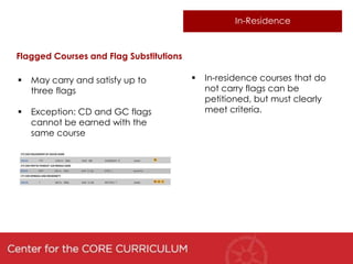 In-Residence



Flagged Courses and Flag Substitutions

   May carry and satisfy up to             In-residence courses that do
    three flags                              not carry flags can be
                                             petitioned, but must clearly
   Exception: CD and GC flags               meet criteria.
    cannot be earned with the
    same course
 