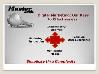 Digital Marketing: Our Keys
            to Effectiveness

              Insights thru
                Analysis

                                 Focus on
 Exploring
                              User Experience
 Innovation


              Maximizing
                Mobile


Simplicity thru Complexity
 
