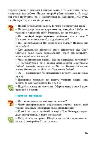 15
перекинувся півником і збирає мак, а та мачинка пере-
кинулась яструбом. Зараз яструб убив півника. А тоді
він став парубком та й повінчався із царівною. Живуть
і хліб жують, а нам не дають.
•• Назви персонажів казки. Із чого починається твір?
•• Чи погоджуєшся ти з думкою, що син діда й баби по-
трапив у чарівний світ? Розкажи, як це сталося.
•• Які чарівні перетворення відбуваються в казці?
На кого перетворював Ох дідового сина?
•• Які випро­бу­ван­ня Ох влаштував дідові? Навіщо він
це зробив?
•• Хто допомагав дідовому сину вирватися від Оха?
Скільки разів йому допомагали? Через які ви­про­бу­
ван­­ня пройшов хлопець?
•• Чим закінчилася казка? Що ж насправді загинуло?
Чи погоджуєшся ти з таким ланцюжком міркувань:
Бідний чоловік стомився. — Ох. — Поневолення за­
мість допомоги. — Зло. — Перемогло добро?
•• Ох — по­зи­тив­ний чи не­га­тив­ний ге­рой? До­ве­ди свою
думку.
•• Пе­ре­ка­жи близь­ко до тек­с­ту уривки казки, які
відповіда­ють ма­люн­кам (с. 12, 14).
•• Поділіть каз­ку на ча­с­ти­ни. Оберіть од­ну з них і про­
чи­тай­те в осо­бах.
По­вто­ри і при­га­дай
•• Які види казок за змістом ти знаєш?
•• Чому несправедливо ображеним героям казок про
тварин вдається провчити своїх кривдників?
•• Кого і за що в чарівній казці «Про Оха-чудотвора»
доля наго­ро­ди­ла, а кого покарала?
•• Розділіться на гру­пи. Оберіть по одній з прочитаних
казок і розіграйте їх за ролями.
 