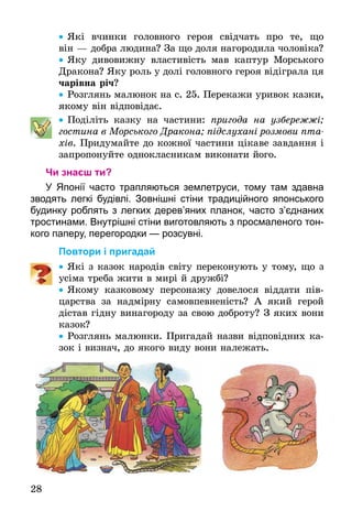 28
•• Які вчин­ки го­ло­вно­го ге­роя свідчать про те, що
він — до­б­ра лю­ди­на? За що доля нагородила чоловіка?
•• Яку дивовижну властивість мав каптур Морського
Дракона? Яку роль у долі головного героя відігра­ла ця
чарівна річ?
•• Розглянь малюнок на с. 25. Перекажи уривок казки,
якому він відповідає.
•• Поділіть казку на частини: пригода на узбережжі;
гостина в Морського Дракона; підслухані розмови пта­
хів. Придумайте до кожної частини цікаве завдання і
запропонуйте однокласникам ви­ко­нати його.
Чи знаєш ти?
У Японії часто трапляються землетруси, тому там здавна
зводять легкі будівлі. Зовнішні стіни традиційного японського
будинку роблять з легких де­рев’яних планок, часто з’єднаних
тростинами. Внутрішні стіни виготовляють з просмаленого тон-
кого паперу, перегородки — розсувні.
По­вто­ри і при­га­дай
•• Які з казок народів світу переконують у тому, що з
усіма треба жити в мирі й дружбі?
•• Якому казковому персонажу довелося віддати пів-
царства за надмірну самовпевненість? А який герой
дістав гідну винагороду за свою доброту? З яких вони
казок?
•• Розглянь малюнки. Пригадай назви відповідних ка-
зок і визнач, до якого виду вони належать.
 