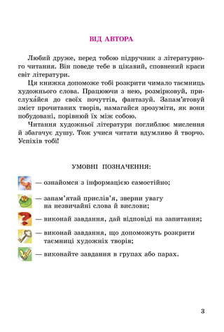 3
ВІД АВТОРА
Любий друже, перед тобою підручник з літературно-
го читання. Він поведе тебе в цікавий, сповнений краси
світ літератури.
Ця книжка допоможе тобі розкрити чимало таємниць
художнього слова. Працюючи з нею, розмірковуй, при-
слухайся до своїх почуттів, фантазуй. Запам’ятовуй
зміст прочитаних творів, намагайся зрозуміти, як вони
побудовані, порівнюй їх між собою.
Читання художньої літератури поглиблює мислення
й збагачує душу. Тож учися читати вдумливо й творчо.
Успіхів тобі!
УМОВНІ ПОЗНАЧЕННЯ:
	—	ознайомся з інформацією самостійно;
		 —	запам’ятай прислів’я, зверни увагу
			 на незвичайні слова й вислови;
		 —	виконай завдання, дай відповіді на запитання;
		 —	виконай завдання, що допоможуть розкрити
	 таємниці художніх творів;
		 —	виконайте завдання в групах або парах.
 