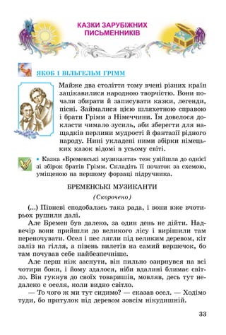 33
Каз­ки за­рубіжних
пись­мен­ників
Якоб І Вільгельм ГрІмм
Майже два століття тому вчені різних країн
зацікавилися народною творчістю. Вони по-
чали збирати й записувати казки, легенди,
пісні. Займалися цією шляхетною справою
і брати Грімм з Німеччини. Їм довелося до-
класти чимало зусиль, аби зберегти для на-
щадків перлини мудрості й фантазії рідного
народу. Нині укладені ними збірки німець-
ких казок відомі в усьому світі.
•• Казка «Бременські музиканти» теж увійшла до однієї
зі збірок братів Грімм. Складіть її початок за схемою,
уміщеною на першому форзаці підручника.
Бременські музиканти
(Скорочено)
(...) Півневі сподобалась така рада, і вони вже вчоти-
рьох рушили далі.
Але Бремен був далеко, за один день не дійти. Над-
вечір вони прийшли до великого лісу і вирішили там
переночувати. Осел і пес лягли під великим деревом, кіт
заліз на гілля, а півень вилетів на самий вершечок, бо
там почував себе найбезпечніше.
Але перш ніж заснути, він пильно озирнувся на всі
чотири боки, і йому здалося, ніби вдалині блимає світ-
ло. Він гукнув до своїх товаришів, мовляв, десь тут не-
далеко є оселя, коли видно світло.
— То чого ж ми тут сидимо? — сказав осел. — Ходімо
туди, бо притулок під деревом зовсім нікудишній.
 