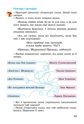 83
Повтори і пригадай
•• Пригадай прочитані літературні казки. Назви їхніх
авторів.
•• Визнач, із яких казок наведені рядки.
«Казкар любив дітей, бо це ж для них, а не для
кого іншого, він писав свої веселі казки!»
«Відтанула бурулька. І почула дівчина радісну
пташину пісеньку».
«Ах, як сумно, коли всі відлітають, коли йде
сніг і виє хуртовина!»
«Всіх приймає пан ласкавий,
тільки треба мовить: “Ох!”»
«Приходь, Журавлику! Приходь, любчику!»
•• Знайди неправильні «доріжки» від назви казки до її
автора.
«Казка про Оха-чудодія» Василь Сухомлинський
Оксана Іваненко
Леся Українка
Іван Франко
Лариса Письменна
«Лисичка і Журавель»
«Дід Осінник»
«Як зажурився веселий Казкар»
«Синичка»
•• Які з прочитаних казок українських письменників
нагадали тобі народні?
•• Назви літературну казку, яка тобі найбільше сподо-
балася. Перекажи її зміст.
 