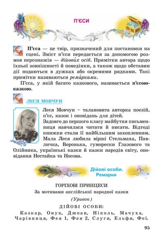 95
П’єси
	 П’єса — це твір, призначений для постановки на
сцені. Зміст п’єси передається за допомогою роз-
мов пер­сонажів — дійових осіб. Примітки автора щодо
їхньої зовнішності й поведінки, а також щодо обставин
дії подаються в дужках або окремими рядками. Такі
примітки називаються ремарками.
П’єса, у якій багато казкового, називається п’єсою-
казкою.
Леся Мовчун
Леся Мовчун – талановита авторка поезій,
п’єс, казок і оповідань для дітей.
Задовго до першого класу майбутня письмен­
ниця навчилася читати й писати. Відтоді
книжки стали її найбільшим захоп­ленням.
Мала Леся любила вірші Стельма­ха, Пав-
личка, Воронька, гуморески Глазового та
Олійника, українські казки й казки народів світу, опо-
відання Нестайка та Носова.
Дійові особи.
Ремарки
Горіхові принцеси
За мотивами англійської народної казки
(Уривок)
Д ійові особи:
К а з к а р, О н у к, Д ж о а н, Н і к о л ь, М а ч у х а,
Ч а р і в н и ц я, Ф е я  1, Ф е я 2, С л у г и, Е л ь ф и, Ф е ї.
 