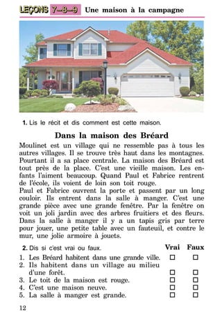 12
LEÇONS 7–8–9 Une maison à la campagne
1.	Lis le récit et dis comment est cette maison.
Dans la maison des Bréard
Moulinet est un village qui ne ressemble pas à tous les
autres villages. Il se trouve très haut dans les montagnes.
Pourtant il a sa place centrale. La maison des Bréard est
tout près de la place. C’est une vieille maison. Les en-
fants l’aiment beaucoup. Quand Paul et Fabrice rentrent
de l’école, ils voient de loin son toit rouge.
Paul et Fabrice ouvrent la porte et passent par un long
couloir. Ils entrent dans la salle à manger. C’est une
grande pièce avec une grande fenêtre. Par la fenêtre on
voit un joli jardin avec des arbres fruitiers et des fleurs.
Dans la salle à manger il y a un tapis gris par terre
pour jouer, une petite table avec un fauteuil, et contre le
mur, une jolie armoire à jouets.
2.	Dis si c’est vrai ou faux.
1.	Les Bréard habitent dans une grande ville.
2.	Ils habitent dans un village au milieu
	 d’une forêt.
3.	Le toit de la maison est rouge.
4.	C’est une maison neuve.
5.	La salle à manger est grande.
Vrai
o
o
o
o
o
Faux
o
o
o
o
o
 