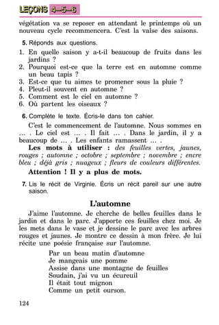 124
LEÇONS 4–5–6
végétation va se reposer en attendant le printemps où un
nouveau cycle recommencera. C’est la valse des saisons.
5.	Réponds aux questions.
1.	En quelle saison y a-t-il beaucoup de fruits dans les
jardins ?
2.	Pourquoi est-ce que la terre est en automne comme
un beau tapis ?
3.	Est-ce que tu aimes te promener sous la pluie ?
4.	Pleut-il souvent en automne ?
5.	Comment est le ciel en automne ?
6.	Où partent les oiseaux ?
6.	Complète le texte. Écris-le dans ton cahier.
C’est le commencement de l’automne. Nous sommes en
… . Le ciel est … . Il fait … . Dans le jardin, il y a
beaucoup de … . Les enfants ramassent … .
Les mots à utiliser : des feuilles vertes, jaunes,
rouges ; automne ; octobre ; septembre ; novembre ; encre
bleu  ; déjà gris  ; nuageux  ; fleurs de couleurs différentes.
Attention ! Il y a plus de mots.
7.	Lis le récit de Virginie. Écris un récit pareil sur une autre
saison.
L’automne
J’aime l’automne. Je cherche de belles feuilles dans le
jardin et dans le parc. J’apporte ces feuilles chez moi. Je
les mets dans le vase et je dessine le parc avec les arbres
rouges et jaunes. Je montre ce dessin à mon frère. Je lui
récite une poésie française sur l’automne.
Par un beau matin d’automne
Je mangeais une pomme
Assise dans une montagne de feuilles
Soudain, j’ai vu un écureuil
Il était tout mignon
Comme un petit ourson.
 