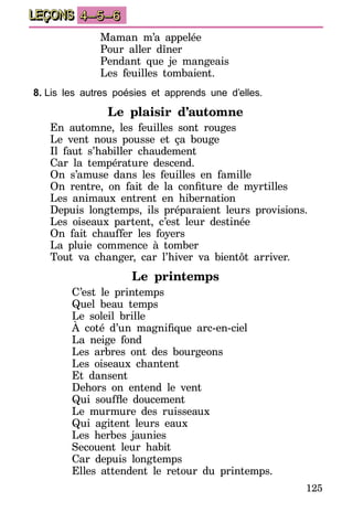 125
LEÇONS 4–5–6
Maman m’a appelée
Pour aller dîner
Pendant que je mangeais
Les feuilles tombaient.
8.	Lis les autres poésies et apprends une d’elles.
Le plaisir d’automne
En automne, les feuilles sont rouges
Le vent nous pousse et ça bouge
Il faut s’habiller chaudement
Car la température descend.
On s’amuse dans les feuilles en famille
On rentre, on fait de la confiture de myrtilles
Les animaux entrent en hibernation
Depuis longtemps, ils préparaient leurs provisions.
Les oiseaux partent, c’est leur destinée
On fait chauffer les foyers
La pluie commence à tomber
Tout va changer, car l’hiver va bientôt arriver.
Le printemps
C’est le printemps
Quel beau temps
Le soleil brille
À coté d’un magnifique arc-en-ciel
La neige fond
Les arbres ont des bourgeons
Les oiseaux chantent
Et dansent
Dehors on entend le vent
Qui souffle doucement
Le murmure des ruisseaux
Qui agitent leurs eaux
Les herbes jaunies
Secouent leur habit
Car depuis longtemps
Elles attendent le retour du printemps.
 