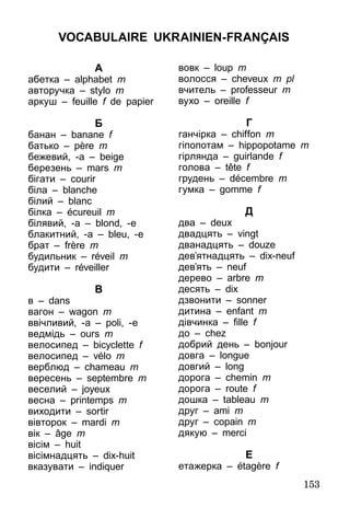 153
А
абетка – alphabet m
авторучка – stylo m
аркуш – feuille f de papier
Б
банан – banane f
батько – père m
бежевий, -а – beige
березень – mars m
бігати – courir
біла – blanche
білий – blanc
білка – écureuil m
білявий, -а – blond, -e
блакитний, -а – bleu, -e
брат – frère m
будильник – réveil m
будити – réveiller
В
в – dans
вагон – wagon m
ввічливий, -а – poli, -e
ведмідь – ours m
велосипед – bicyclette f
велосипед – vélo m
верблюд – chameau m
вересень – septembre m
веселий – joyeux
весна – printemps m
виходити – sortir
вівторок – mardi m
вік – âge m
вісім – huit
вісімнадцять – dix-huit
вказувати – indiquer
вовк – loup m
волосся – cheveux m pl
вчитель – professeur m
вухо – oreille f
Г
ганчірка – chiffon m
гіпопотам – hippopotame m
гірлянда – guirlande f
голова – tête f
грудень – décembre m
гумка – gomme f
Д
два – deux
двадцять – vingt
дванадцять – douze
дев’ятнадцять – dix-neuf
дев’ять – neuf
дерево – arbre m
десять – dix
дзвонити – sonner
дитина – enfant m
дівчинка – fille f
до – chez
добрий день – bonjour
довга – longue
довгий – long
дорога – chemin m
дорога – route f
дошка – tableau m
друг – ami m
друг – copain m
дякую – merci
E
етажерка – étagère f
Vocabulaire ukrainien-français
 