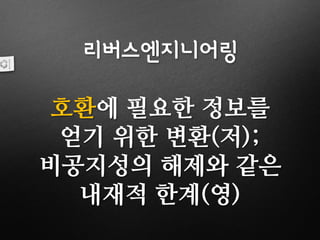 리버스엔지니어링
호환에 필요한 정보를
얻기 위한 변환(저);
비공지성의 해제와 같은
내재적 한계(영)
 