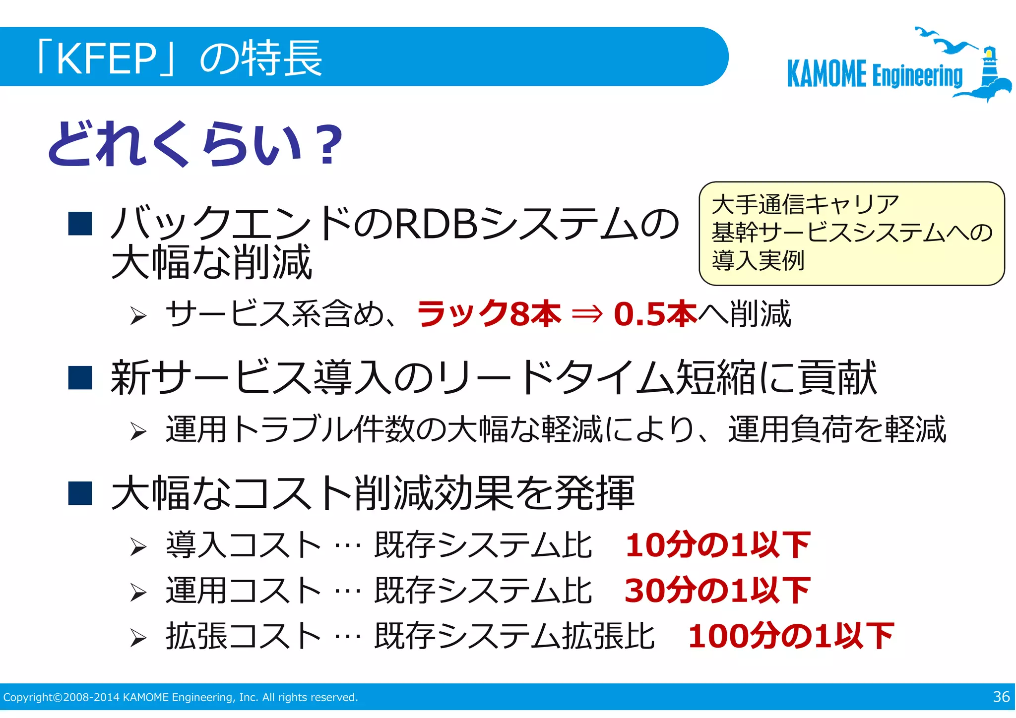 「KFEP」の特⻑ 
どれくらい︖ 
 バックエンドのRDBシステムの 
大幅な削減 
大手通信キャリア 
基幹サービスシステムへの 
導入実例 
 サービス系含め、ラック8本⇒ 0.5本へ削減 
 新サービス導入のリードタイム短縮に貢献 
 運⽤トラブル件数の大幅な軽減により、運⽤負荷を軽減 
 大幅なコスト削減効果を発揮 
 導入コスト… 既存システム比10分の1以下 
 運⽤コスト… 既存システム比30分の1以下 
 拡張コスト… 既存システム拡張比100分の1以下 
Copyright©2008-2014 KAMOME Engineering, Inc. All rights reserved. 36 
 