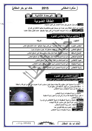 ‫اﻟﻤﻈﺎﻟﻰ‬ ‫ﺑﻜﺮ‬ ‫اﺑﻮ‬ ‫ﺧﺎﻟﺪ‬٠١١٤٠٢٣٧٩٩ ١٠
‫اﻟﻤﻈﺎﻟﻰ‬ ‫ﻣﺬﻛﺮة‬2015‫اﻟﻤﻈﺎﻟﻰ‬ ‫ﺑﻜﺮ‬ ‫اﺑﻮ‬ ‫ﺧﺎﻟﺪ‬
Page |١٠ : ‫اﻟﻀﻮء‬‫اﻹ‬ ‫ﺣﺎﺳﺔ‬ ‫ﯾﺜﯿﺮ‬ ‫ﺧﺎرﺟﻰ‬ ‫ﻣﺆﺛﺮ‬ ‫ھﻮ‬.‫اﻟﺴﻠﯿﻤﺔ‬ ‫اﻟﻌﯿﻦ‬ ‫ﻓﻰ‬ ‫ﺑﺼﺎر‬
‫اﻟﻀﻮء‬.‫اﻟﻔﺮاغ‬ ‫ﻓﻰ‬ ‫اﻻﻧﺘﻘﺎل‬ ‫ﯾﻤﻜﻨﮭﺎ‬ ‫ﻛﮭﺮوﻣﻐﻨﺎﻃﯿﺴﯿﺔ‬ ‫ﻣﻮﺟﺎت‬ ‫ﻋﻦ‬ ‫ﻋﺒﺎرة‬ ‫وھﻮ‬ ‫اﻟﻄﺎﻗﺔ‬ ‫أﺷﻜﺎل‬ ‫أﺣﺪ‬
: ‫اﻟﻀﻮء‬ ‫اﻧﻌﻜﺎس‬‫ھﻮ‬‫ارﺗﺪاد‬‫اﻟﻤﻮﺟﺎت‬‫اﻟﻀﻮﺋﯿﺔ‬‫ﺳﻘﻮﻃﮭﺎ‬ ‫ﺟﮭﺔ‬ ‫ﻧﻔﺲ‬ ‫اﻟﻰ‬‫ﻋﻨﺪﻣﺎ‬‫ﺗﻘﺎﺑﻞ‬‫ﺳﻄﺤﺎ‬‫ﻋﺎﻛﺴﺎ‬
‫اﻟﻀﻮء؟‬ ‫ﻓﻰ‬ ‫اﻻﻧﻌﻜﺎس‬ ‫ﻗﺎﻧﻮﻧﺎ‬ ‫اﺳﺘﻨﺘﺎج‬ ‫ﺑﺎﻟﺘﺠﺮﺑﺔ‬ ‫وﺿﺤﻰ‬
‫اﻟﺘﺠﺮﺑﺔ‬
١-‫اﻟﻤﻨﻘﻠﺔ‬ ‫و‬ ‫اﻟﻮرﻗﺔ‬ ‫ﻣﻦ‬ ‫ﻛﻼ‬ ‫ﻋﻠﻰ‬ ‫ﻋﻤﻮدﯾﺎ‬ ‫اﻟﻤﺮاة‬ ‫ﻣﺴﺘﻮى‬ ‫ﯾﻜﻮن‬ ‫ﺑﺤﯿﺚ‬ ‫ﺑﯿﻀﺎء‬ ‫ورﻗﺔ‬ ‫ﺳﻄﺢ‬ ‫ﻋﻠﻰ‬ ‫ﻣﺴﺘﻮﯾﺔ‬ ‫ﻣﺮاة‬ ‫ﻧﺜﺒﺖ‬
٢‫اﻟﻤﺮاة‬ ‫ﺳﻄﺢ‬ ‫ﻋﻠﻰ‬ ‫اﻻﺳﻘﺎط‬ ‫ﺟﮭﺎز‬ ‫ﻣﻦ‬ ‫ﺿﻮﺋﻰ‬ ‫ﺷﻌﺎع‬ ‫ﻧﺴﻘﻂ‬
٣‫زاوﯾﺔ‬ ‫و‬ ‫اﻟﺴﻘﻮط‬ ‫زاوﯾﺔ‬ ‫ﻣﻦ‬ ‫ﻛﻼ‬ ‫ﻧﻌﯿﻦ‬‫اﻻﻧﻌﻜﺎس‬
‫اﻟﻤﻼﺣﻈﺔ‬
‫اﻻﻧﻌﻜﺎس‬ ‫زاوﯾﺔ‬ = ‫اﻟﺴﻘﻮط‬ ‫زاوﯾﺔ‬ ‫ان‬ ‫ﻧﻼﺣﻆ‬
٤-‫اﻟﺴﻘﻮط‬ ‫زاوﯾﺔ‬ ‫ﻧﻌﯿﻦ‬ ‫ﻣﺮة‬ ‫ﻛﻞ‬ ‫ﻓﻰ‬ ‫و‬ ‫ﻣﺮات‬ ‫ﻋﺪة‬ ‫اﻟﺴﻘﻮط‬ ‫زاوﯾﺔ‬ ‫ﻧﻐﯿﺮ‬
‫اﻻﻧﻌﻜﺎس‬ ‫زاوﯾﺔ‬ ‫و‬
‫اﻟﻤﻼﺣﻈﺔ‬‫ﻧﻼﺣﻆ‬‫ان‬‫اﻻﻧﻌﻜﺎس‬ ‫زاوﯾﺔ‬ = ‫اﻟﺴﻘﻮط‬ ‫زاوﯾﺔ‬‫ﻣﺮة‬ ‫ﻛﻞ‬ ‫ﻓﻰ‬
٥-‫اﻟﺒﯿﻀﺎء‬ ‫اﻟﻮرﻗﺔ‬ ‫ﻣﺴﺘﻮى‬ ‫ﻋﻠﻰ‬ ‫ﯾﻤﯿﻞ‬ ‫اﻟﻤﺮاة‬ ‫ﻣﺴﺘﻮى‬ ‫ﻧﺠﻌﻞ‬
‫اﻟ‬‫ﻤﻼﺣﻈﺔ‬‫اﻟﻤﻨﻌﻜﺲ‬ ‫اﻟﺸﻌﺎع‬ ‫رؤﯾﺔ‬ ‫ﻋﺪم‬ : ‫ﻧﻼﺣﻆ‬
‫ا‬‫ﻻﺳﺘﻨﺘﺎج‬‫ھﻤﺎ‬ ‫ﻟﻘﺎﻧﻮﻧﯿﻦ‬ ‫وﻓﻘﺎ‬ ‫ﯾﺘﻢ‬ ‫اﻟﻀﻮء‬ ‫اﻧﻌﻜﺎس‬
: ‫اﻻول‬ ‫اﻟﻘﺎﻧﻮن‬‫اﻻﻧﻌﻜﺎس‬ ‫زاوﯾﺔ‬ = ‫اﻟﺴﻘﻮط‬ ‫زاوﯾﺔ‬
‫اﻟﻤﻔﮭﻮم‬‫ﺗﻌﺮﯾﻔﮫ‬
‫اﻟﻀﻮء‬ ‫اﻧﻌﻜﺎس‬‫اﻟﻀﻮ‬ ‫اﻻﺷﻌﺔ‬ ‫ارﺗﺪاد‬ ‫ھﻮ‬‫ﻋﺎﻛﺲ‬ ‫ﺗﻘﺎﺑﻠﺴﻄﺢ‬ ‫ﻋﻨﺪﻣﺎ‬ ‫ﺳﻘﻮﻃﮭﺎ‬ ‫ﺟﮭﺔ‬ ‫ﻧﻔﺲ‬ ‫إﻟﻲ‬ ‫ﺋﯿﺔ‬
‫اﻟﻌﺎﻛﺲ‬ ‫اﻟﺴﻄﺢ‬.ً‫ﺎ‬‫ﻛﺮﯾ‬ ‫أو‬ ً‫ﺎ‬‫ﻣﺴﺘﻮﯾ‬ ‫ﯾﻜﻮن‬ ‫ﻗﺪ‬ ‫ﻣﺼﻘﻮل‬ ‫ﻧﺼﻒ‬ ‫أو‬ ‫ﻣﺼﻘﻮل‬ ‫ﺳﻄﺢ‬ ‫ھﻮ‬
‫اﻟﺴﺎﻗﻂ‬ ‫اﻟﺸﻌﺎع‬.‫اﻟﻌﺎﻛﺲ‬ ‫اﻟﺴﻄﺢ‬ ‫ﻋﻠﻰ‬ ‫ﯾﺴﻘﻂ‬ ‫ﻣﺴﺘﻘﯿﻢ‬ ‫ﺑﺨﻂ‬ ‫ﺗﻤﺜﻞ‬ ‫رﻓﯿﻌﺔ‬ ‫ﺿﻮﺋﯿﺔ‬ ‫ھﻮﺣﺰﻣﺔ‬ ‫ھﻮ‬
‫اﻟﻤﻨﻌﻜﺲ‬ ‫اﻟﺸﻌﺎع‬‫ﺗﻤﺜ‬ ‫رﻓﯿﻌﺔ‬ ‫ﺿﻮﺋﯿﺔ‬ ‫ﺣﺰﻣﺔ‬ ‫ھﻮ‬.‫اﻟﻌﺎﻛﺲ‬ ‫اﻟﺴﻄﺢ‬ ‫ﻋﻦ‬ ‫ارﺗﺪ‬ ‫ﻣﺴﺘﻘﯿﻢ‬ ‫ﺑﺨﻂ‬ ‫ﻞ‬
‫اﻻﻧﻌﻜﺎس‬ ‫ﻋﻤﻮد‬.‫اﻟﻌﺎﻛﺲ‬ ‫اﻟﺴﻄﺢ‬ ‫ﻋﻠﻰ‬ ‫اﻟﺴﻘﻮط‬ ‫ﻧﻘﻄﺔ‬ ‫ﻣﻦ‬ ‫اﻟﻌﻤﻮداﻟﻤﻘﺎم‬ ‫ھﻮ‬
‫اﻟﺴﻘﻮط‬ ‫زاوﯾﺔ‬.‫اﻻﻧﻌﻜﺎس‬ ‫وﻋﻤﻮد‬ ‫اﻟﺴﺎﻗﻂ‬ ‫اﻟﺸﻌﺎع‬ ‫ﺑﯿﻦ‬ ‫اﻟﻤﺤﺼﻮرة‬ ‫اﻟﺰاوﯾﺔ‬ ‫ھﻰ‬
‫اﻻﻧﻌﻜﺎس‬ ‫زاوﯾﺔ‬‫و‬ ‫اﻟﻤﻨﻌﻜﺲ‬ ‫اﻟﺸﻌﺎع‬ ‫ﺑﯿﻦ‬ ‫اﻟﻤﺤﺼﻮرة‬ ‫اﻟﺰاوﯾﺔ‬ ‫ھﻰ‬.‫اﻻﻧﻌﻜﺎس‬ ‫ﻋﻤﻮد‬
‫اﻟﻀﻮﺋﯿﺔ‬ ‫اﻟﻄﺎﻗﺔ‬
‫اﻟﻀﻮء‬ ‫ﻓﻰ‬ ‫اﻻﻧﻌﻜﺎس‬ ‫ﻗﺎﻧﻮﻧﺎ‬
‫ﺑﺎﻧ‬ ‫ﻣﺮﺗﺒﻄﺔ‬ ‫ﻣﻔﺎھﯿﻢ‬‫اﻟﻀﻮء‬ ‫ﻌﻜﺎس‬
 