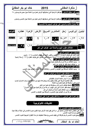 ‫اﻟﻤﻈﺎﻟﻰ‬ ‫ﺑﻜﺮ‬ ‫اﺑﻮ‬ ‫ﺧﺎﻟﺪ‬٠١١٤٠٢٣٧٩٩ ٢٣
‫اﻟﻤﻈﺎﻟﻰ‬ ‫ﻣﺬﻛﺮة‬2015‫اﻟﻤﻈﺎﻟﻰ‬ ‫ﺑﻜﺮ‬ ‫اﺑﻮ‬ ‫ﺧﺎﻟﺪ‬
Page |٢٣
٢٤ ‫وﯾﺴﺎوى‬ ‫ﻣﺤﻮرھﺎ‬ ‫ﺣﻮل‬ ‫ﻛﺎﻣﻠﺔ‬ ‫دورة‬ ‫ﻟﻌﻤﻞ‬ ‫اﻻرض‬ ‫ﺗﺴﺘﻐﺮﻗﮭﺎ‬ ‫اﻟﺘﻰ‬ ‫اﻟﺰﻣﻨﯿﺔ‬ ‫ھﻮاﻟﻔﺘﺮة‬ : ‫اﻻرض‬ ‫ﺳﻄﺢ‬ ‫ﻋﻠﻰ‬ ‫اﻟﯿﻮم‬
‫ﺳﺎﻋﺔ‬
: ‫اﻷرض‬ ‫ﺳﻄﺢ‬ ‫ﻋﻠﻰ‬ ‫اﻟﺴﻨﺔ‬‫وﺗﺴﺎوى‬ ‫اﻟﺸﻤﺲ‬ ‫ﺣﻮل‬ ‫ﻛﺎﻣﻠﺔ‬ ‫دورة‬ ‫ﻟﻌﻤﻞ‬ ‫اﻻرض‬ ‫ﺗﺴﺘﻐﺮﻗﮭﺎ‬ ‫اﻟﺘﻰ‬ ‫اﻟﺰﻣﻨﯿﺔ‬ ‫ھﻮاﻟﻔﺘﺮة‬
٣٦٥‫ورﺑﻊ‬ ‫ﯾﻮم‬.
: ‫اﻟﺸﻤﺴﯿﺔ‬ ‫اﻟﻤﺠﻤﻮﻋﺔ‬ ‫ﻛﻮاﻛﺐ‬ ‫ﻋﻠﻰ‬ ‫واﻟﺴﻨﯿﻦ‬ ‫ﺑﺎﻷﯾﺎم‬ ‫ﺟﺪول‬ ‫وھﺬا‬
: ‫اﻟﺴﺎﺑﻖ‬ ‫اﻟﺠﺪول‬ ‫ﻋﻠﻰ‬ ‫ﻣﻼﺣﻈﺎت‬
) ‫اﻟﺰھﺮة‬ ‫ﻛﻮﻛﺐ‬ ‫ﻋﻠﻰ‬ ‫اﻷﯾﺎم‬ ‫أﻃﻮل‬٢٤٣‫.و‬ ‫ﯾﻮم‬ () ‫اﻟﻤﺸﺘﺮى‬ ‫ﻛﻮﻛﺐ‬ ‫ﻋﻠﻰ‬ ‫اﻷﯾﺎم‬ ‫أﻗﺼﺮ‬٤١٠.‫ﯾﻮم‬ (
‫ﻋﻠﻰ‬ ‫اﻟﺴﻨﯿﻦ‬ ‫أﻃﻮل‬) ‫ﻧﺒﺘﻮن‬ ‫ﻛﻮﻛﺐ‬١٦٥) ‫ﻋﻄﺎرد‬ ‫ﻛﻮﻛﺐ‬ ‫ﻋﻠﻰ‬ ‫اﻟﺴﻨﯿﻦ‬ ‫واﻗﺼﺮ‬ ‫أرﺿﯿﺔ‬ ‫ﺳﻨﺔ‬ (٠٢٤‫أرﺿﯿﺔ‬ ‫ﺳﻨﺔ‬ (
‫اﺧﺮ‬ ‫اﻟﻰ‬ ‫ﻛﻮﻛﺐ‬ ‫ﻣﻦ‬ ‫اﻟﯿﻮم‬ ‫ﻃﻮل‬ ‫ﯾﺨﺘﻠﻒ‬‫؟‬
‫ﻣﺤﻮرة‬ ‫ﺣﻮل‬ ‫ﻛﻮﻛﺐ‬ ‫ﻛﻞ‬ ‫دوران‬ ‫ﺳﺮﻋﺔ‬ ‫اﺧﺘﻼف‬ ‫ﺑﺴﺒﺐ‬
‫اﻻﺧﺮ‬ ‫ﻋﻦ‬ ‫ﻛﻮﻛﺐ‬ ‫ﻛﻞ‬ ‫ﻗﻄﺮ‬ ‫ﻧﺼﻒ‬ ‫اﺧﺘﻼف‬ ‫و‬
‫اﺧﺮ‬ ‫اﻟﻰ‬ ‫ﻛﻮﻛﺐ‬ ‫ﻣﻦ‬ ‫اﻟﺴﻨﺔ‬ ‫ﻃﻮل‬ ‫ﺗﺨﺘﻠﻒ‬
‫اﻟﺸﻤﺲ‬ ‫و‬ ‫اﻟﻜﻮﻛﺐ‬ ‫ﺑﯿﻦ‬ ‫اﻟﻤﺴﺎﻓﺔ‬ ‫اﺧﺘﻼف‬ ‫ﺑﺴﺒﺐ‬‫اﻟﺸﻤﺲ‬ ‫ﺣﻮل‬ ‫اﻟﻜﻮﻛﺐ‬ ‫دوران‬ ‫ﺳﺮﻋﺔ‬ ‫واﺧﺘﻼف‬
‫اﺧﺮ‬ ‫اﻟﻰ‬ ‫ﻛﻮﻛﺐ‬ ‫ﻣﻦ‬ ‫اﻟﺴﻨﺔ‬ ‫ﻃﻮل‬ ‫اﺧﺘﻼف‬ ‫ﺗﻮﺿﺢ‬ ‫ﺗﺠﺮﺑﺔ‬
: ‫اﻻدوات‬‫و‬ ‫ﻃﺒﺎﺷﯿﺮ‬٤‫ﺗﻼﻣﯿﺬ‬
: ‫اﻟﺨﻄﻮات‬‫ﻧﺮﺳﻢ‬٤‫ﺑﺎﻟﻄﺒﺎﺷﯿﺮ‬ ‫اﻟﻤﺮﻛﺰ‬ ‫ﻣﺘﺤﺪة‬ ‫دواﺋﺮ‬
‫اﻟﺪاﺋ‬ ‫ﻣﺮﻛﺰ‬ ‫ﺣﻮل‬ ‫ﻛﺎﻣﻠﺔ‬ ‫دورة‬ ‫ﻣﻨﮭﻢ‬ ‫ﻛﻼ‬ ‫وﯾﻌﻤﻞ‬ ‫واﺣﺪ‬ ‫ﻣﺴﺘﻘﯿﻢ‬ ‫ﺧﻂ‬ ‫ﻋﻠﻰ‬ ‫اﻻرﺑﻌﺔ‬ ‫اﻟﺘﻼﻣﯿﺬ‬ ‫ﯾﻘﻒ‬‫ﻧﺤﺴﺐ‬ ‫ﺮةو‬
‫ﻛﺎﻣﻠﺔ‬ ‫دورة‬ ‫ﻟﻌﻤﻞ‬ ‫ﺗﻠﻤﯿﺬ‬ ‫ﻛﻞ‬ ‫اﺳﺘﻐﺮﻗﺔ‬ ‫اﻟﺬى‬ ‫اﻟﺰﻣﻦ‬
: ‫اﻟﻤﻼﺣﻈﺔ‬‫اﻻﺧﺮ‬ ‫ﻋﻦ‬ ‫ﺗﻠﻤﯿﺬ‬ ‫ﻛﻞ‬ ‫ﯾﺴﺘﻐﺮﻗﺔ‬ ‫اﻟﺬى‬ ‫اﻟﺰﻣﻦ‬ ‫اﺧﺘﻼف‬ ‫ﻧﻼﺣﻆ‬
‫اﻟﺪاﺋﺮة‬ ‫ﻣﺮﻛﺰ‬ ‫ﺣﻮل‬ ‫ﺗﻠﻤﯿﺬ‬ ‫ﻛﻞ‬ ‫دوران‬ ‫ﺳﺮﻋﺔ‬ ‫و‬ ‫ﻓﯿﮭﺎ‬ ‫ﯾﺪور‬ ‫اﻟﺘﻰ‬ ‫اﻟﺪاﺋﺮة‬ ‫ﻗﻄﺮ‬ ‫ﻧﺼﻒ‬ ‫اﺧﺘﻼف‬ ‫ﺑﺴﺒﺐ‬
: ‫اﻻﺳﺘﻨﺘﺎج‬‫اﺧﺮ‬ ‫اﻟﻰ‬ ‫ﻛﻮﻛﺐ‬ ‫ﻣﻦ‬ ‫اﻟﺴﻨﺔ‬ ‫ﻃﻮل‬ ‫اﺧﺘﻼف‬ ‫ﺳﺒﺐ‬ ‫ان‬
‫اﻟﺸﻤﺲ‬ ‫و‬ ‫اﻟﻜﻮﻛﺐ‬ ‫ﺑﯿﻦ‬ ‫اﻟﻤﺴﺎﻓﺔ‬ ‫و‬ ‫اﻟﺸﻤﺲ‬ ‫ﺣﻮل‬ ‫اﻟﻜﻮﻛﺐ‬ ‫دوران‬ ‫ﺳﺮﻋﺔ‬
‫اﻻرض‬ ‫ﻋﻠﻰ‬ ‫ﻋﻤﺮة‬ ‫رﺟﻞ‬٦٠‫اﻟﻤﺸﺘﺮى‬ ‫ﻋﻠﻰ‬ ‫ﻋﻤﺮة‬ ‫ﯾﻜﻮن‬ ‫ﻓﻜﻢ‬ ‫ﺳﻨﺔ‬
١-: ( ‫اﻟﺸﻤﺴﻰ‬ ‫اﻟﺘﻠﺴﻜﻮب‬ ) ‫اﻟﻤﻘﺮاب‬
‫اﻷرض‬ ‫ﺗﺤﺖ‬ ‫ﻧﻔﻖ‬ ‫ﻓﻰ‬ ‫ﻣﺮآة‬ ‫اﻟﻰ‬ ‫ﻻﺳﻔﻞ‬ ‫اﻟﺸﻤﺲ‬ ‫اﺷﻌﺔ‬ ‫اﻧﻌﻜﺎس‬ ‫ﻋﻠﻰ‬ ‫ﯾﻌﻤﻞ‬ *‫ﺣﯿﺚ‬‫ﺻﻮرة‬ ‫ﺗﺘﻜﻮن‬‫ﻟﻠ‬‫ﻣﺮا‬ ‫ﻏﺮﻓﺔ‬ ‫ﻓﻰ‬ ‫ﺸﻤﺲ‬‫ﻗﺒﺔ‬‫ﺣﯿﺚ‬
‫ﺑ‬ ‫اﻟﻔﻠﻜﯿﯿﻦ‬ ‫ﯾﻘﻮم‬‫اﻟﺸﻤﺲ‬ ‫ﺿﻮء‬ ‫ﺪراﺳﺔ‬
‫اھﻤﯿﺘﺔ‬‫ﺑﻮاﺳ‬ ‫ﺷﻤﺴﻰ‬ ‫ﻃﯿﻒ‬ ‫إﻟﻰ‬ ‫ﺗﻔﺮﻗﺘﺔ‬ ‫ﯾﺘﻢ‬ ‫ﺛﻢ‬ ‫اﻟﺸﻤﺲ‬ ‫ﺿﻮء‬ ‫ﯾﺠﻤﻊ‬‫ﻄ‬‫اﻟﺸﻤﺲ‬ ‫ﻟﻀﻮء‬ ‫اﻟﻤﻮﺟﯿﺔ‬ ‫اﻻﻃﻮال‬ ‫ﻟﺪراﺳﺔ‬ ‫اﻟﻤﻄﯿﺎف‬ ‫ﺔ‬
‫ﻧﺒﺘـﻮن‬‫أوراﻧﻮس‬‫زﺣﻞ‬‫اﻟﻤﺸﺘـﺮى‬‫اﻟﻤـﺮﯾﺦ‬‫اﻷرض‬‫اﻟﺰھﺮة‬‫ﻋﻄـﺎرد‬‫اﻟﻜﻮﻛﺐ‬
٠.٦٧٠.٧٢٠.٤٣٤١.٠١.٠٣1٢٤٣٥٩‫ارﺿﯿﺔ‬ ‫اﯾﺎم‬
١٦٥٨٤٢٩١٢١.٩1٠.٦٢٠.٢٤‫ارﺿﯿﺔ‬ ‫ﺳﻨﻮات‬
‫اﺧﺮ‬ ‫اﻟﻰ‬ ‫ﻛﻮﻛﺐ‬ ‫ﻣﻦ‬ ‫واﻟﺴﻨﺔ‬ ‫اﻟﯿﻮم‬ ‫ﻃﻮل‬ ‫اﺧﺘﻼف‬
‫ﺗﻜﻨﻮﻟﻮﺟﯿﺔ‬ ‫ﺗﻄﺒﯿﻘﺎت‬
 