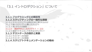 「3.1 イントロダクション」について
3.1.1 プログラミングとの類似性
3.1.2 スクリプティングの一般的な課題
3.1.2.1 テストスクリプトは何のために使われるのか
3.1.2.2 良いスクリプトと悪いスクリプト
3.1.2.3 良いテストの原則
3.1.2.4 「読みやすい」スクリプト？ ← ココ
3.1.2.5 自分でドキュメント化するスクリプト？
3.1.3 テストケースの設計と実装
3.1.3.1 テストケースの設計
3.1.3.2 テストケースの実装
3.1.4 スクリプトドキュメンテーションの勧め
14
 