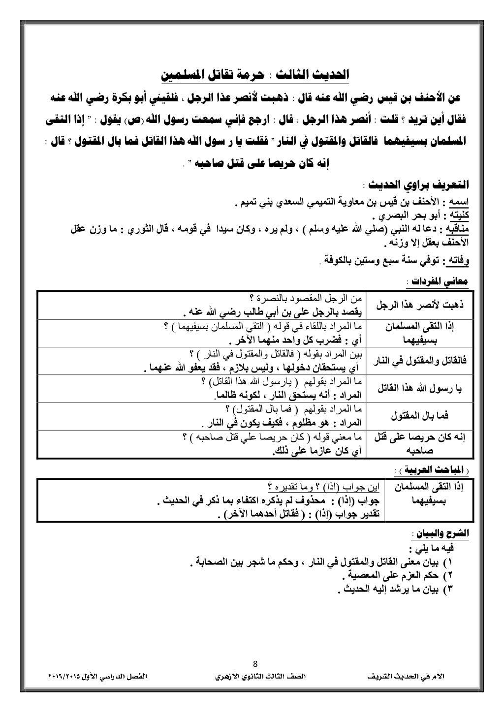 8
احلديثالثالث:املسلمني تقاتل حرمة
األحن عنقال عنه اهلل رضي قيس بن ف:ا رضي بكرة أبو ف...