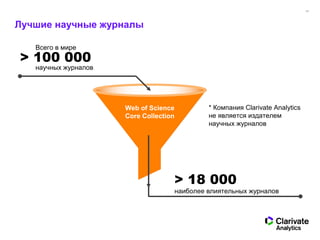 17
Лучшие научные журналы
Web of Science
Core Collection
* Компания Clarivate Analytics
не является издателем
научных журналов
Всего в мире
> 100 000
научных журналов
> 18 000
наиболее влиятельных журналов
 