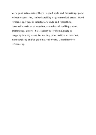 Very good referencing.There is good style and formatting, good
written expression, limited spelling or grammatical errors. Good
referencing.There is satisfactory style and formatting,
reasonable written expression, a number of spelling and/or
grammatical errors. Satisfactory referencing.There is
inappropriate style and formatting, poor written expression,
many spelling and/or grammatical errors. Unsatisfactory
referencing.
 