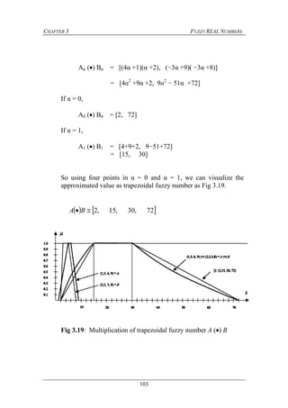 CHAPTER 3 FUZZY REAL NUMBERS
103
Aα () Bα = [(4α +1)(α +2), (−3α +9)( −3α +8)]
= [4α2
+9α +2, 9α2
− 51α +72]
If α = 0,
A0 () B0 = [2, 72]
If α = 1,
A1 () B1 = [4+9+2, 9−51+72]
= [15, 30]
So using four points in α = 0 and α = 1, we can visualize the
approximated value as trapezoidal fuzzy number as Fig 3.19.
   72,30,15,2 BA
Fig 3.19: Multiplication of trapezoidal fuzzy number A () B
 