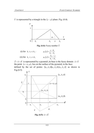 CHAPTER 4 FUZZY COMPLEX NUMBERS
113
b
~
is represented by a triangle in the  y plane :Fig. (4.4).
(i) for :21 byb   
12
1
2
bb
by
y



(ii) for 32 byb   
23
3
2
bb
yb
y



biaZ
~~~
 is represented by a pyramid ,its base is the fuzzy domain ba
~~ 
the point  ,iyx  , lies on the surface of the pyramid, in the face:
defined by the set of points:      1,,,0,,0,, 223313 bababa as shown in
Fig.(4.5)
 0,, 33 ba
)0,,( 13 ba
),( iyx 
)1,,( 22 ba
x
3a2a1a
1
1b
3b
2b
a~
b
~
Fig. (4.5): bia
~~ 
y
x
0
1b 2b 3by
y

1
2
0
Fig. (4.4): Fuzzy number b
~
Y
 