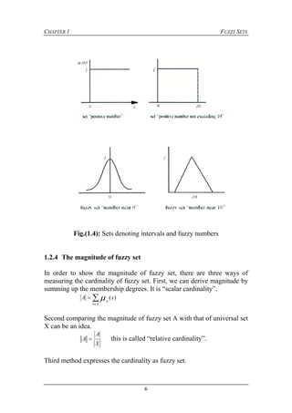 CHAPTER 1 FUZZY SETS
6
Fig.(1.4): Sets denoting intervals and fuzzy numbers
1.2.4 The magnitude of fuzzy set
In order to show the magnitude of fuzzy set, there are three ways of
measuring the cardinality of fuzzy set. First, we can derive magnitude by
summing up the membership degrees. It is “scalar cardinality”.


Xx
A
xA )(
Second comparing the magnitude of fuzzy set A with that of universal set
X can be an idea.
X
A
A  this is called “relative cardinality”.
Third method expresses the cardinality as fuzzy set.
 