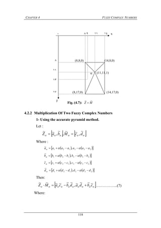 CHAPTER 4 FUZZY COMPLEX NUMBERS
118
4.2.2 Multiplication Of Two Fuzzy Complex Numbers
1- Using the accurate pyramid method.
Let :
    dcMbaZ
~
,~~
,
~
,~~

Where :
    233121 ,~ aaaaaaa  
    233121 ,
~
bbbbbbb  
    233121 ,~ ccccccc  
    233121 ,
~
ddddddd  
Then:
  cbdadbcaMZ ~~~~,
~~~~~~
 ……………..(7)
Where:
x٠ ٨ ١١ ١٤٩
٨
١٣
١١
١٧ (14,17,0)
(14,8,0)(8,8,0)
(8,17,0)
(11,11,1)
Fig. (4.7): MZ
~~


Y
 