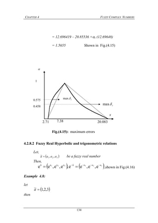 CHAPTER 4 FUZZY COMPLEX NUMBERS
134
= 12.696419 – 20.85536 +r (12.69648)
= 1.5655 Shown in Fig.(4.15)
4.2.8.2 Fuzzy Real Hyperbolic and trigonometric relations
Let,
 321 ,,~ aaaa  be a fuzzy real number
Then,
   123321 aaaa~aaaa~
e,e,ee,e,e,ee 
 ,shown in Fig.(4.16)
Example 4.8:
let
 3,2,1~ a
then
7.38 20.0832.71
1
x

rmax
458.0
lmax
575.0
Fig.(4.15): maximum errors
 
