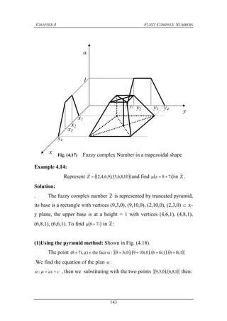 CHAPTER 4 FUZZY COMPLEX NUMBERS
143
Example 4.14:
Represent     10,8,6,3,9,6,4,2
~
Z and find  i78z  in Z
~
.
Solution:
. The fuzzy complex number Z
~
is represented by truncated pyramid,
its base is a rectangle with vertices (9,3,0), (9,10,0), (2,10,0), (2,3,0)  x-
y plane, the upper base is at a height = 1 with vertices (4,6,1), (4,8,1),
(6,8,1), (6,6,1). To find  i78  in Z
~
:
(1)Using the pyramid method: Shown in Fig. (4.18).
The point         1,i86,1,i66,0,i109,0,i39:facethe),i78( 
.We find the equation of the plan :
cax  : , then we substituting with the two points     1,8,6,0,3,9 then:
Fig. (4.17) Fuzzy complex Number in a trapezoidal shape
y
x
α
1
x1
x2
x3
x4
y1 y2 y3 y4
 