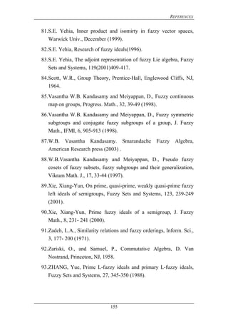 REFERENCES
155
81.S.E. Yehia, Inner product and isomirty in fuzzy vector spaces,
Warwick Univ., December (1999).
82.S.E. Yehia, Research of fuzzy ideals(1996).
83.S.E. Yehia, The adjoint representation of fuzzy Lie algebra, Fuzzy
Sets and Systems, 119(2001)409-417.
84.Scott, W.R., Group Theory, Prentice-Hall, Englewood Cliffs, NJ,
1964.
85.Vasantha W.B. Kandasamy and Meiyappan, D., Fuzzy continuous
map on groups, Progress. Math., 32, 39-49 (1998).
86.Vasantha W.B. Kandasamy and Meiyappan, D., Fuzzy symmetric
subgroups and conjugate fuzzy subgroups of a group, J. Fuzzy
Math., IFMI, 6, 905-913 (1998).
87.W.B. Vasantha Kandasamy. Smarandache Fuzzy Algebra,
American Research press (2003) .
88.W.B.Vasantha Kandasamy and Meiyappan, D., Pseudo fuzzy
cosets of fuzzy subsets, fuzzy subgroups and their generalization,
Vikram Math. J., 17, 33-44 (1997).
89.Xie, Xiang-Yun, On prime, quasi-prime, weakly quasi-prime fuzzy
left ideals of semigroups, Fuzzy Sets and Systems, 123, 239-249
(2001).
90.Xie, Xiang-Yun, Prime fuzzy ideals of a semigroup, J. Fuzzy
Math., 8, 231- 241 (2000).
91.Zadeh, L.A., Similarity relations and fuzzy orderings, Inform. Sci.,
3, 177- 200 (1971).
92.Zariski, O., and Samuel, P., Commutative Algebra, D. Van
Nostrand, Princeton, NJ, 1958.
93.ZHANG, Yue, Prime L-fuzzy ideals and primary L-fuzzy ideals,
Fuzzy Sets and Systems, 27, 345-350 (1988).
 