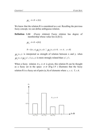 CHAPTER 1 FUZZY SETS
16
}1,0{:  BA
R

We know that the relation R is considered as a set. Recalling the previous
fuzzy concept, we can define ambiguous relation.
Definition 1.14 (Fuzzy relation) Fuzzy relation has degree of
membership whose value lies in [0,1].
]1,0[:  BA
R

},,0),()),(),,{(( ByAxyxyxyxR
RR
 
),( yx
R
 is interpreted as strength of relation between x and y. when
),(),,(),( yxyxyx
RR
 is more strongly related than ),( yx  .
When a fuzzy relation BAR  is given, this relation R can be thought
as a fuzzy set in the space BA (Fig.1.9 ) illustrates that the fuzzy
relation R is a fuzzy set of pairs (a, b) of elements where BbAa ii 
~
, .
 