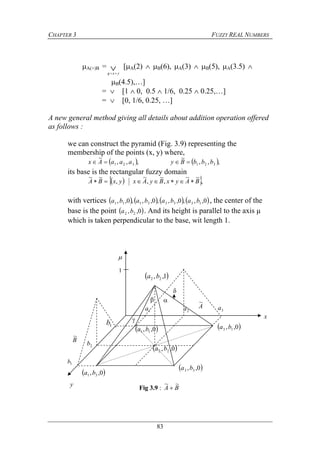 CHAPTER 3 FUZZY REAL NUMBERS
83
A(+)B =  yxg
[A(2)  B(6), A(3)  B(5), A(3.5) 
B(4.5),…]
=  [1  0, 0.5  1/6, 0.25  0.25,…]
=  [0, 1/6, 0.25, …]
A new general method giving all details about addition operation offered
as follows :
we can construct the pyramid (Fig. 3.9) representing the
membership of the points (x, y) where,
   ,,,
~
,,,
~
321321 bbbByaaaAx 
its base is the rectangular fuzzy domain
  ,
~~
,
~
,
~
,
~~
BAyxByAxyxBA 
with vertices        0,,,0,,,0,,,0,, 13333111 babababa , the center of the
base is the point  0,, 22 ba . And its height is parallel to the axis μ
which is taken perpendicular to the base, wit length 1.

1b
2b
3b
1a 2a 3a
x
 0,, 13 ba
 0,, 33 ba
 0,, 31 ba
 0,, 11 ba
 0,, 22 ba
1
 1,, 22 ba
A
~
B
~


y

Fig 3.9 : BA
~~

 
